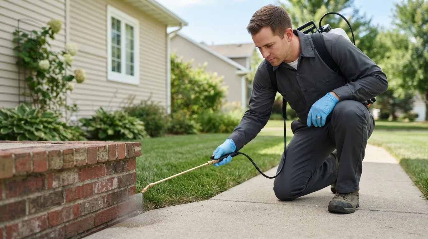 Pest control technician treating a home near Bonanza, OR